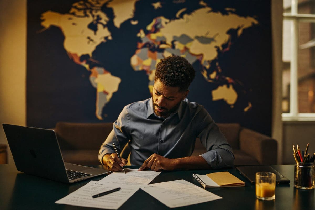 Un professionnel prépare sa candidature, une carte du monde en arrière-plan.