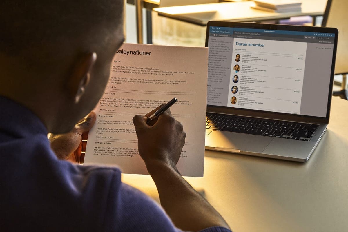 Un candidat relit et annote son CV imprimé à son bureau.