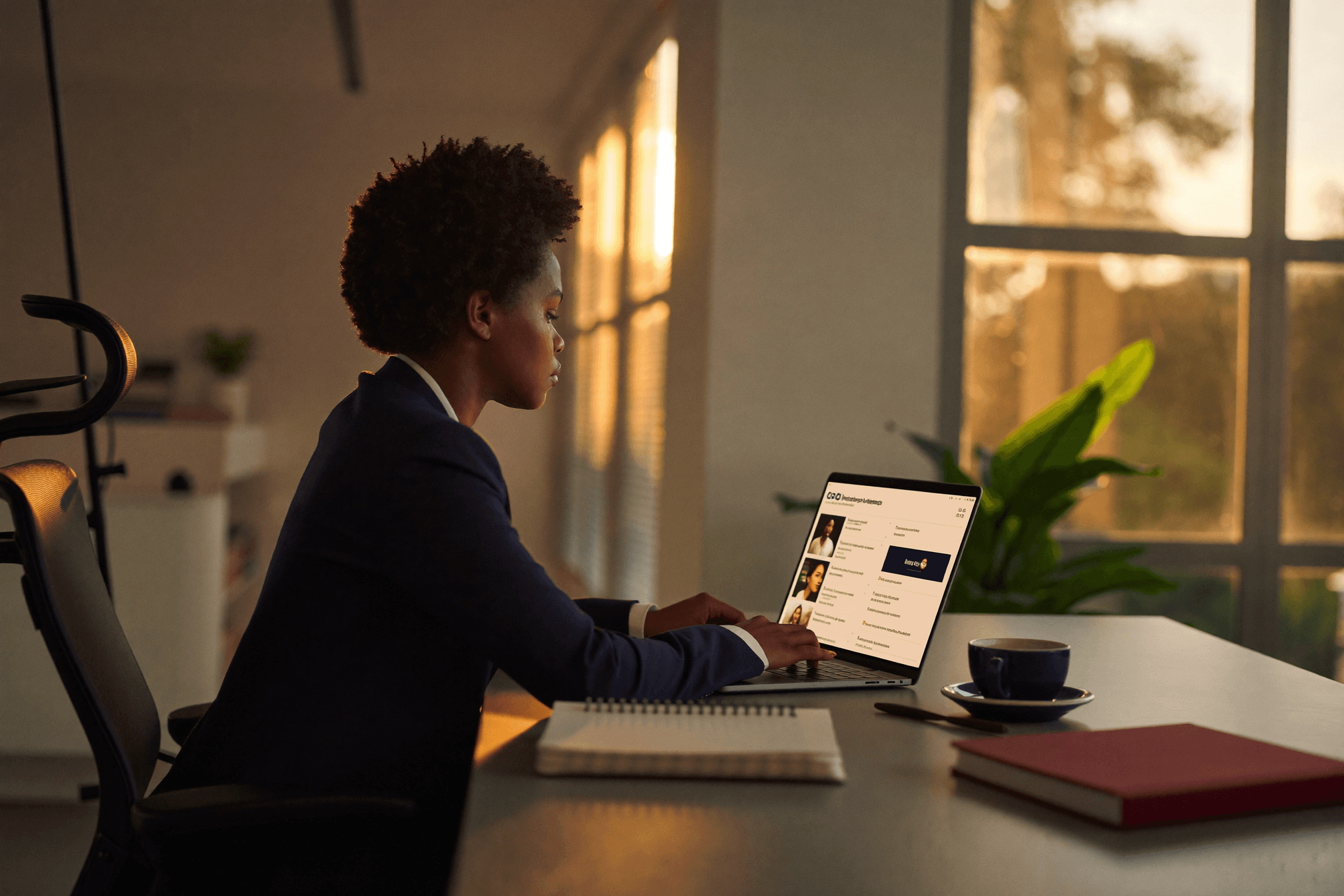 Une candidate consulte des offres d'emploi sur son ordinateur portable dans un bureau lumineux.